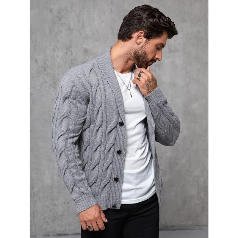 Manfinity RivetRise Men Shawl Collar Cable Knit Cardigan Chunky Plain Light Grey Urban Fashion Husband 2