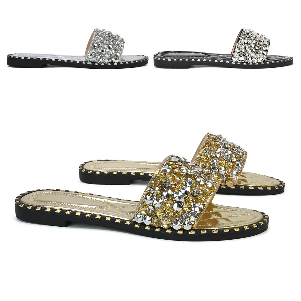 Hailey Embellished Strappy Slip on Flat Diamante Sandal Sliders Shoe Girls
