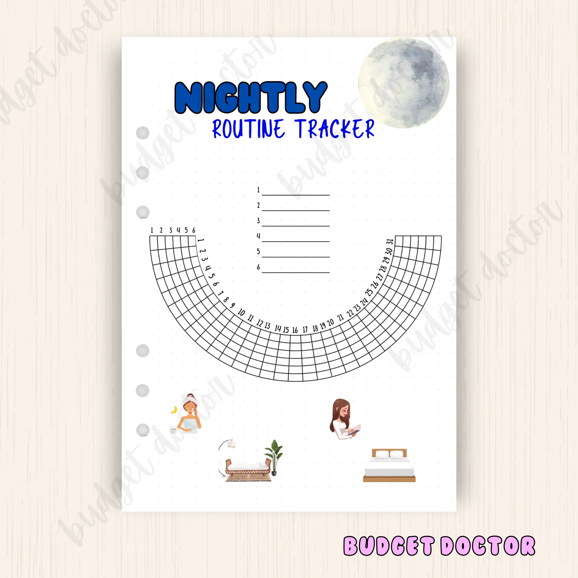 Nightly Routine Tracker, a5 Card stock Paper to fit in 6 ring planner journal
