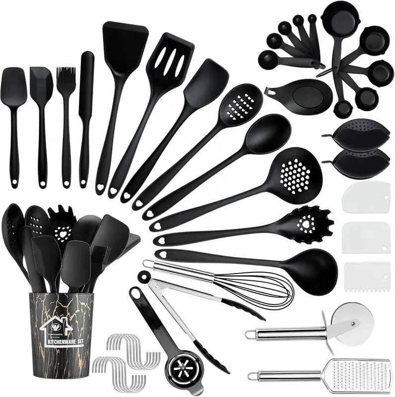 Kitchen Utensils Set, 36 PCS Silicone Cooking Utensils for Non-Stick Cookware, Heat Proof Kitchen Cooking Tools, Spoons Turners Spatula Ladle Set, Black Kitchen Accessories 0