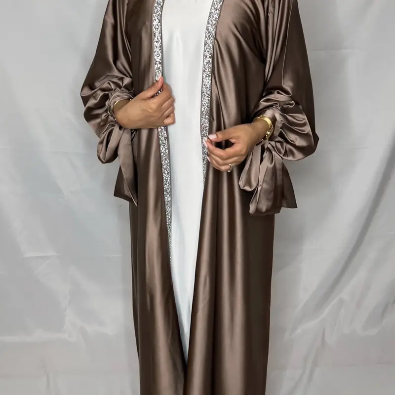 Layan Satin 3 Pcs Abaya Set- Women's Satin Tie Sleeve Abaya With Hijab, 3 Pcs Abaya Set, Abaya for Women, Muslim Clothes, Modest Outfits 0
