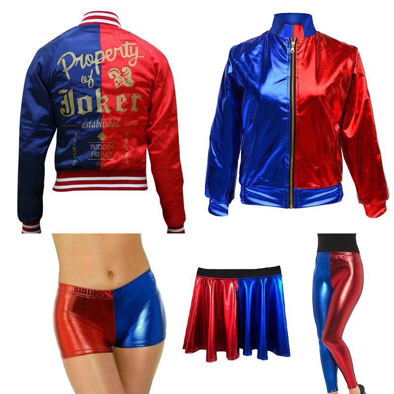 Women's Harley Quinn Bomber Jacket - Leggings - Shorts Red Blue Shiny Cosplay Zip Up - Halloween Costume - Plus Size - Long Sleeve, Womenswear 0