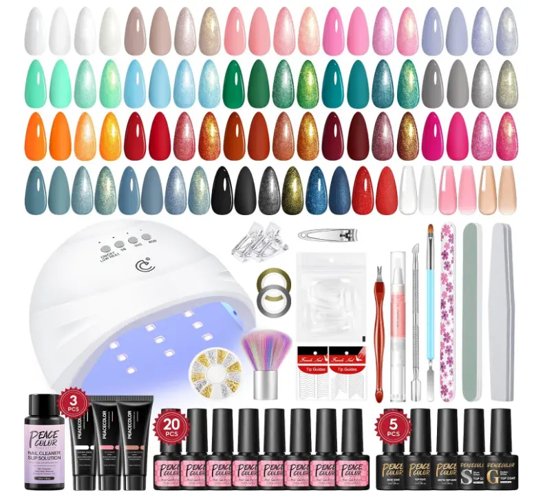 PEACECOLOR 47PCS Gel Nail Starter Kit with Lamp 20 Colours Gel Polish Set 3 Colours Poly Nail Gel Kit for Beginners with Slip Solution Base Coat Glossy & Matte Top Coat Basic Manicure Tools for Women