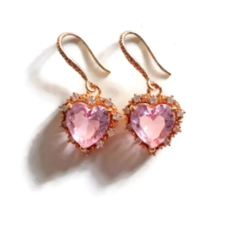 gold colour filled pink heart earrings,viral golden pink earrings,rose pink golden earrings,crystal earrings,gift for her, graduation gift, wedding gift, birthday gift, antique golden heart earrings. 0