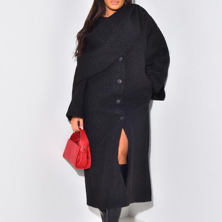 Women's Solid Button Front Drop Shoulder Long Coat with Scarf, Casual Long Sleeve Outerwear for Fall & Winter, Ladies Clothes for Daily Wear One Size Womenswear Chic Comfortable Jackets Lady Fashion Longsleeves Tops 1