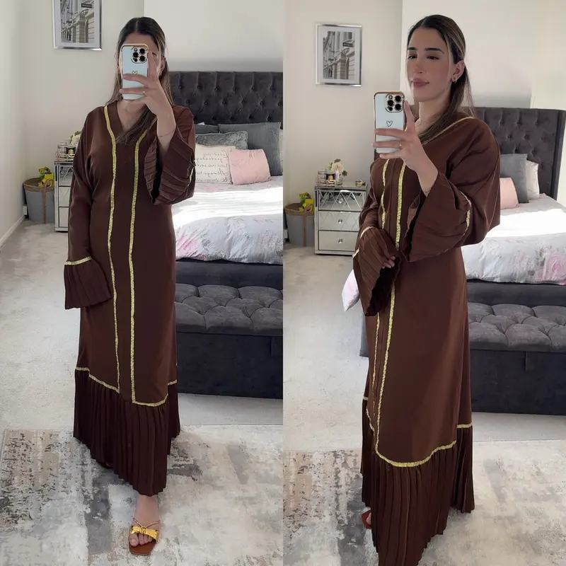 Women's Gold Trim Abaya V-Neck Bell Sleeve Pleat edge Belted Maxi dress, Modest Fashion, Arabian Islamic Clothing, One Size 10 to 14 2