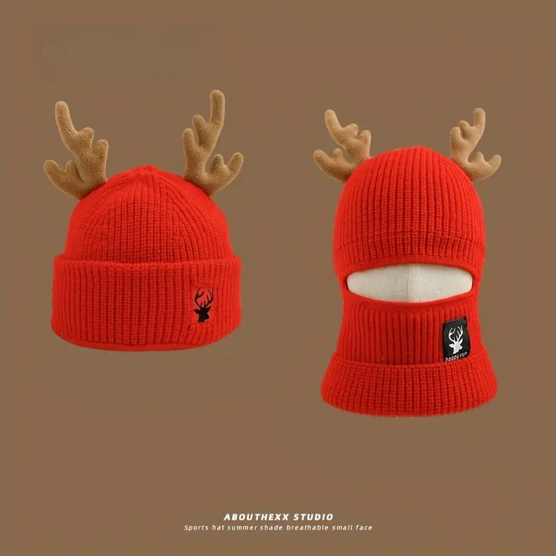 Red Reindeer Antler Beanie with Integrated Scarf, Acrylic Knit Winter Hat, Thick Warm Ear Warmer, Elastic, with Hand Wash Only, for Fall/Winter Season 0