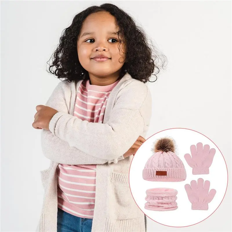 Rumyve Children's Winter Warm Set, 1 Set of 3 Winter Knitted Sets, Gloves, Hats and Scarves, Warm and Flexible, Children's Winter Outdoor Activities Essential 1