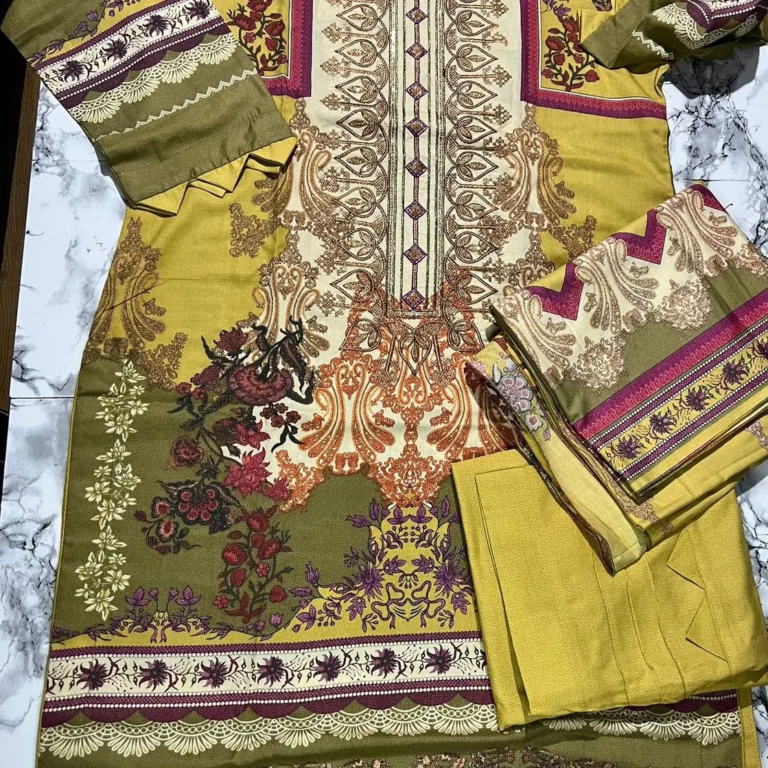 Dhanak printed suit with neck embroidered small to 3xl available