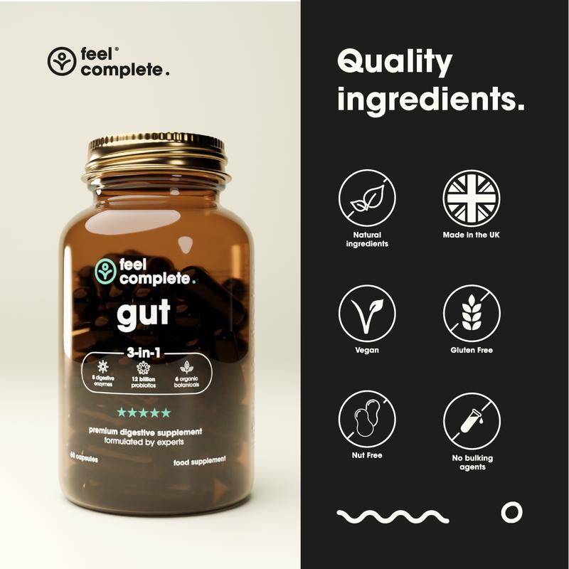 Gut 3-in-1 Supplement. Made For Gut Health & Bloating. 12 Billion Probiotics, 5x Digestive Enzymes & 6x Organic Botanicals. Vegan, Made in the UK, No Fillers Or Bulking Agents, Gluten Free, GMO Free, Dairy Free, Nut Free. Healthcare Dietary 6