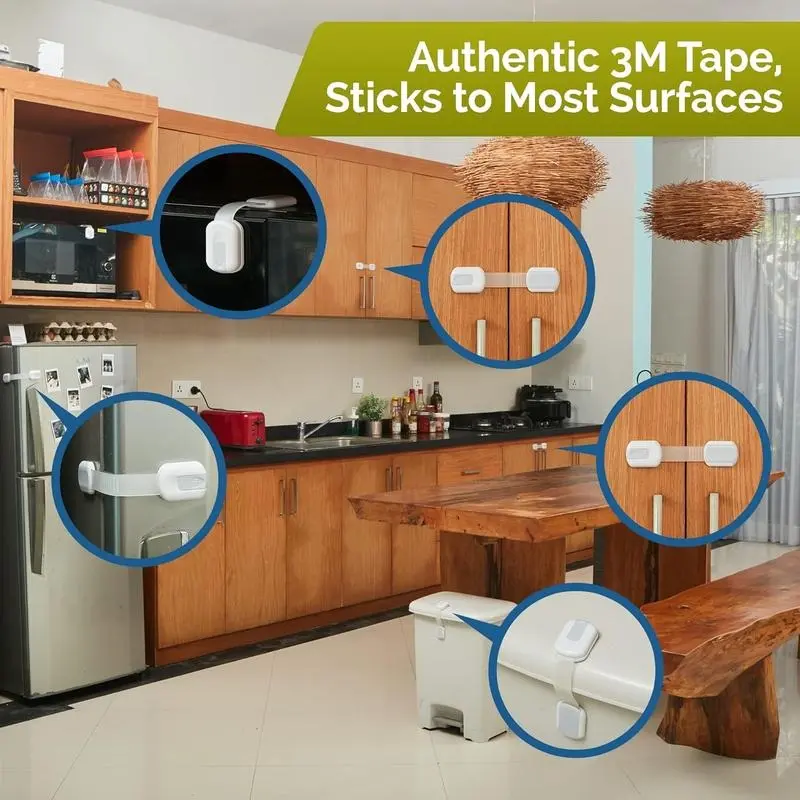 Child Safety Strap Locks (4-Pack) Baby Locks for Cabinets and Drawers, Toilet, Fridge&amp; More.3M Adhesive Pads.Easy Installation.(White/Gray) 7