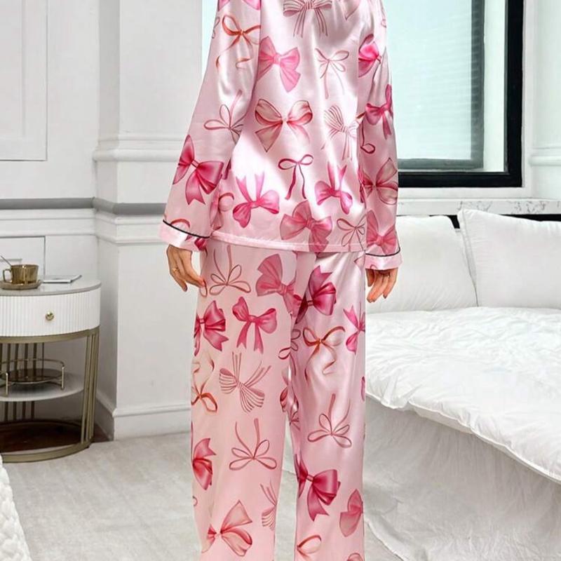 Bow-Knot Faux Silk Pajama Set with Shawl Collar and Long Sleeves for Women - Nightwear, Loungewear Womenswear Homewear Pjs Comfort Pyjamas Comfortable Soft Feminine Fit Floral Longsleeves 3