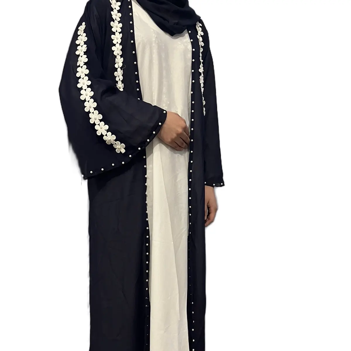 2 piece detailed navy abaya with white slip dress