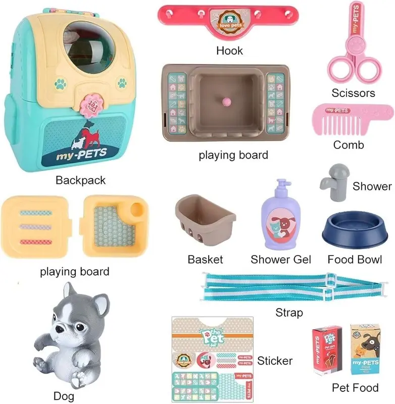 My Pet Care Play Set with Backpack, Pet Playset Grooming & Feed & Play Pet Treat Kit Preschool Toy Educational Gifts, 2 in 1 Pre-Kindergarten Toys for Girls Boys Blue (Dog) 3