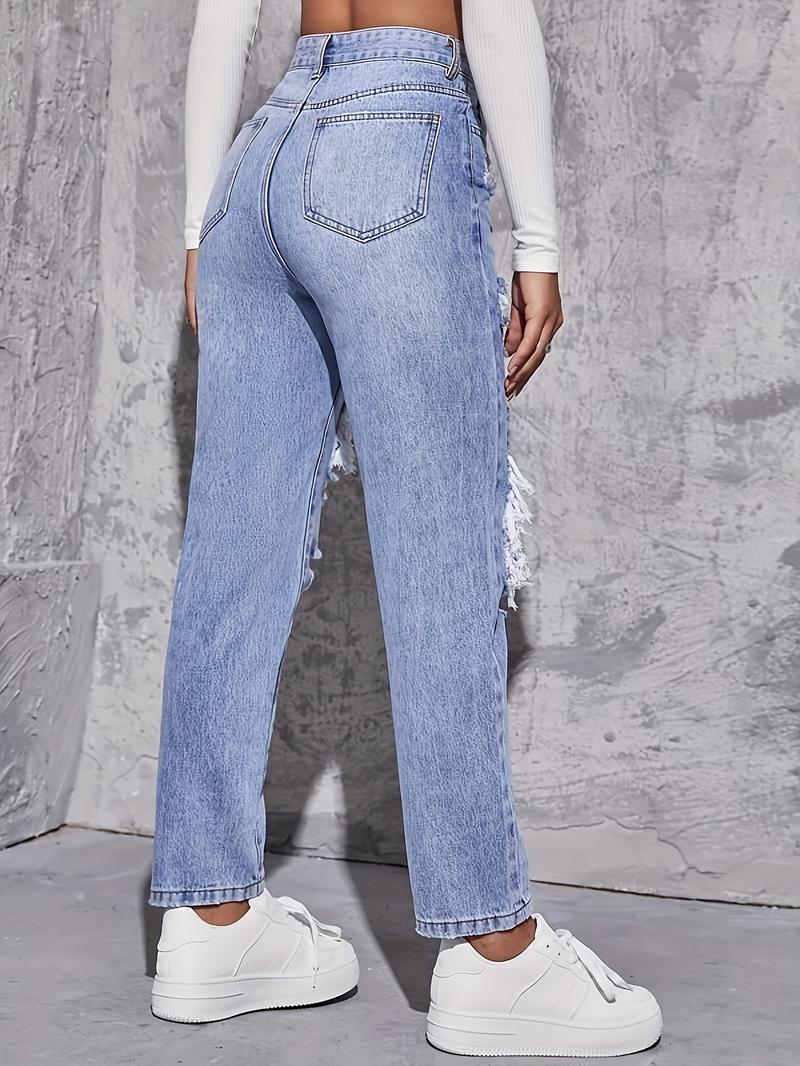 Product Introduction of American Retro Hole-punched Jeans Women High Waist Straight-crotch Loose Slim Design High-street Vibe Wide-legged Dragging Pants 2
