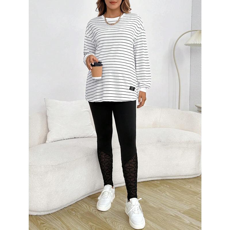 Maternity Striped Print Drop Shoulder Split Hem Tee With Long Sleeve 3