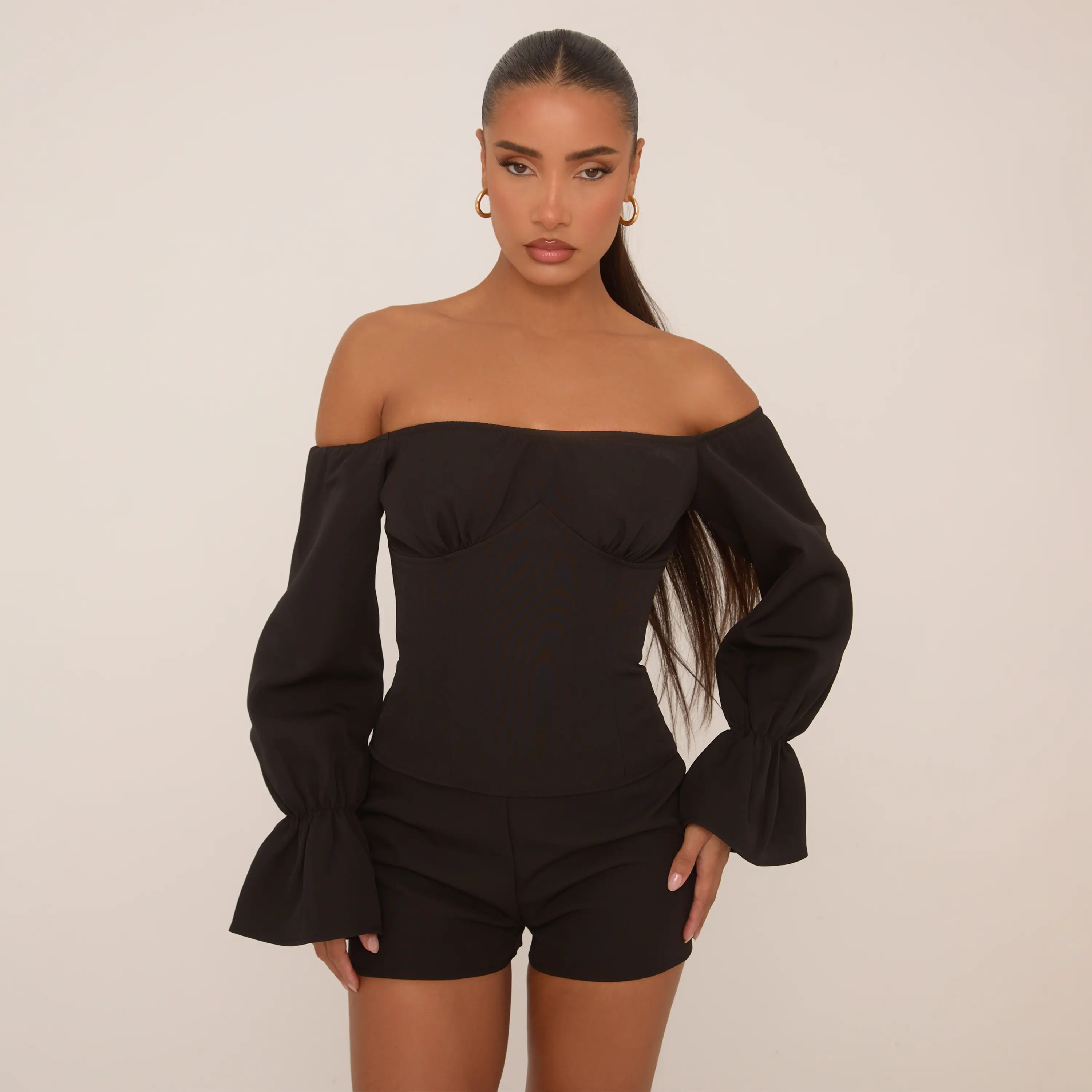 Long Puff Sleeve Bardot Fitted Top