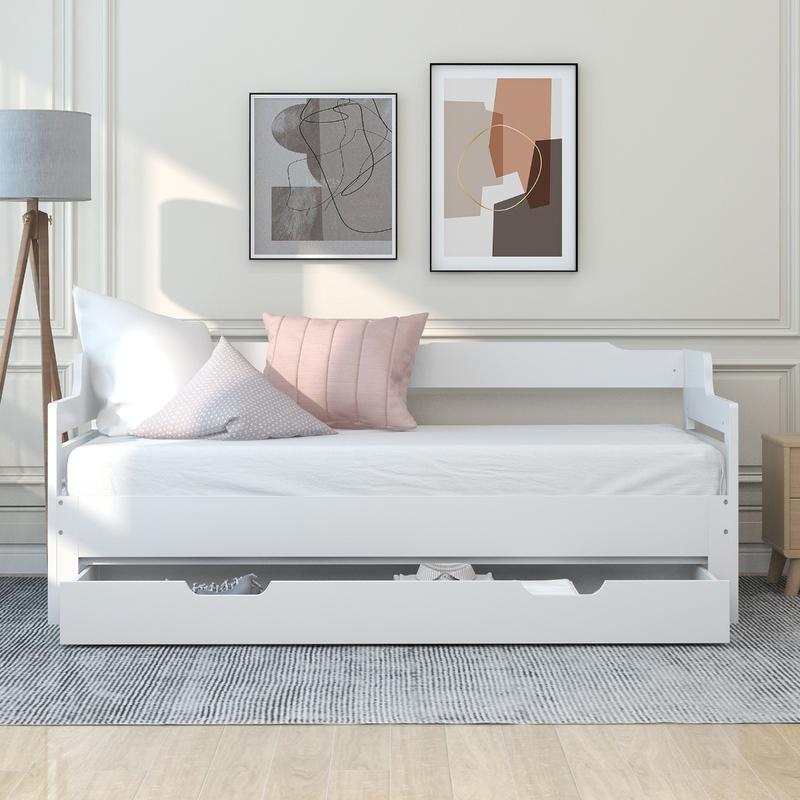 Single Bed Turns Into Double, Pull Out Sofa Bed Double with Trundle and Storage Drawer, Cabin Daybed for Living Room and Bedroom, 90 X190 CM - White (No Mattress) 6
