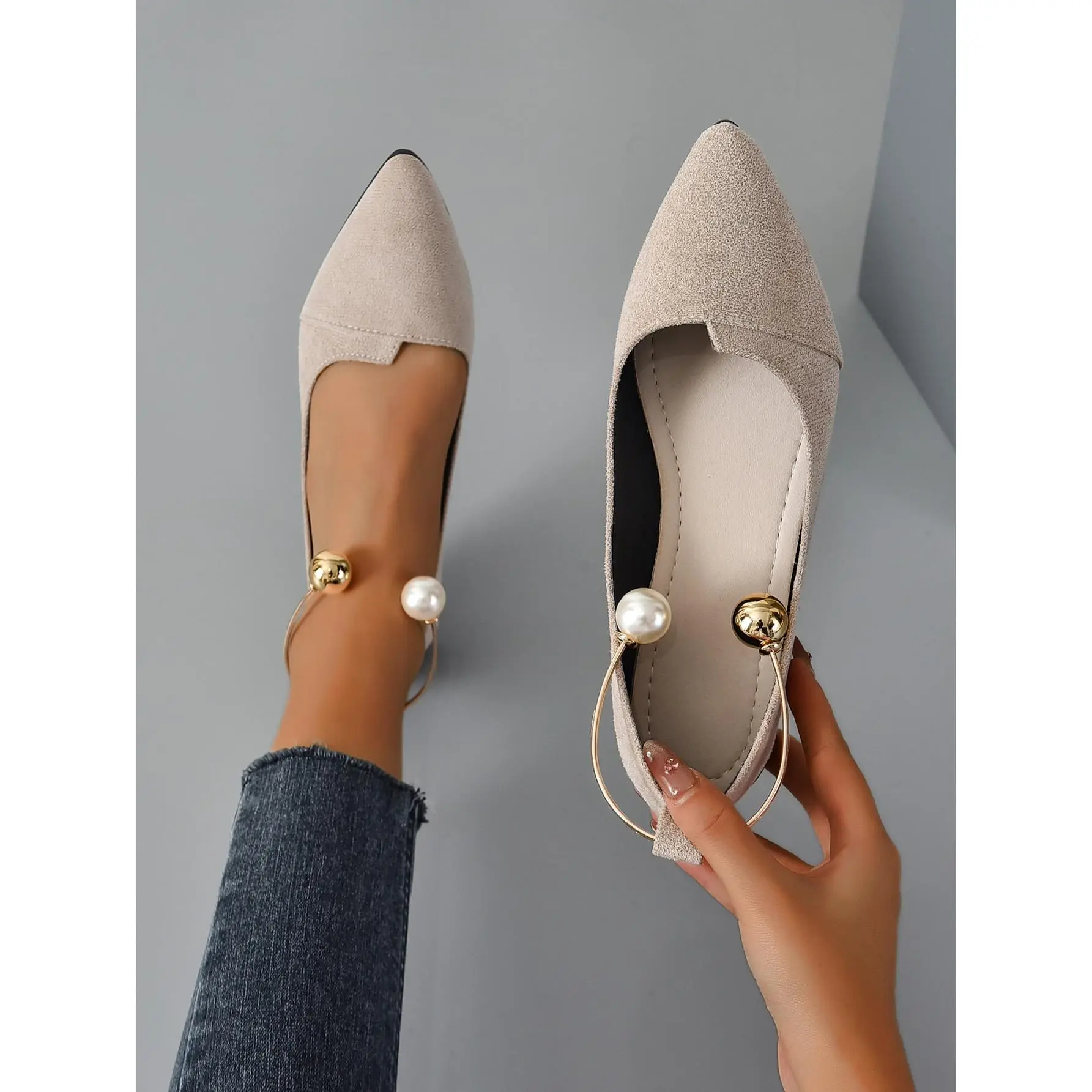 Women Faux Pearl Decor Point Toe Ankle Strap Flats, Elegant Apricot Faux Suede Pumps Girl Walking Shoes Leather Footwear Dusty Pink Knee Nail Comfort Running Flatform