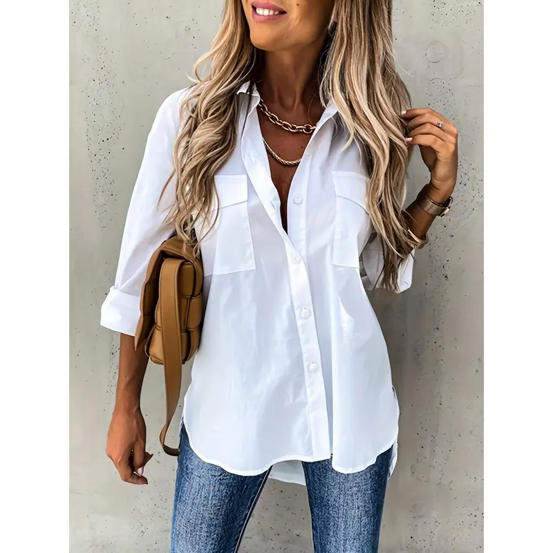 Button Front Long Sleeve Shirt, Casual Solid Office Shirt With Collar, Women's Clothing 4
