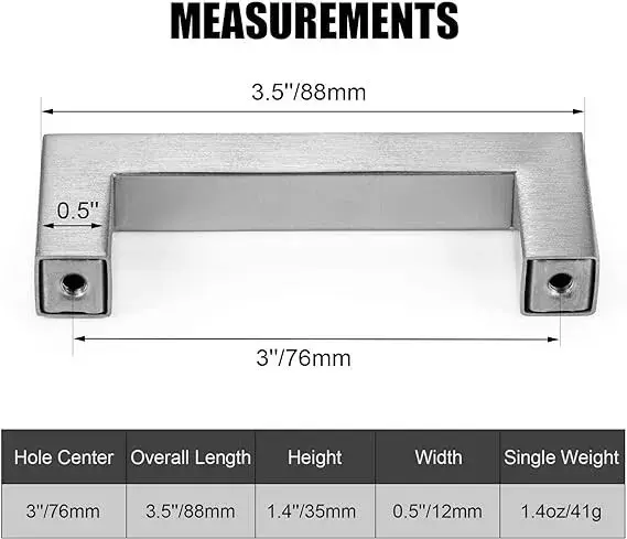 CZC HOME 15 Pack Cabinet Handles, Stainless Steel Drawer Square Drawer Pulls, 76mm Hole Center Cupboard Handles with 2 Sizes Screws for Kitchen Dresser Door Brushed Nickel 2