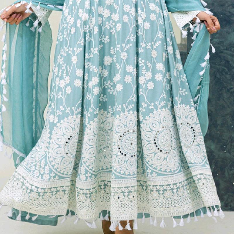 Sky blue Winter linen 3pcs heavy embroiderey with mirror pearls work maxi with chiffon dupatta having 4 sided lace party wear Casual wear avai in beautiful 3 colours Formal Womenswear Dress Long Sleeve Comfort 2