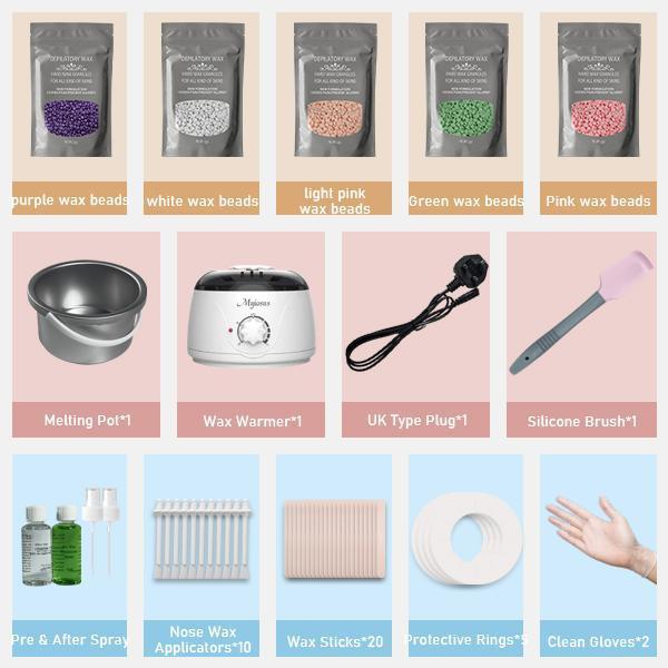 Waxing Kit, Professional Hair RemovalWax Kit, Full BodyPainless WaxingWarmer, 5 Packs Wax Beads and20Applicator Sticks Wax Set 6