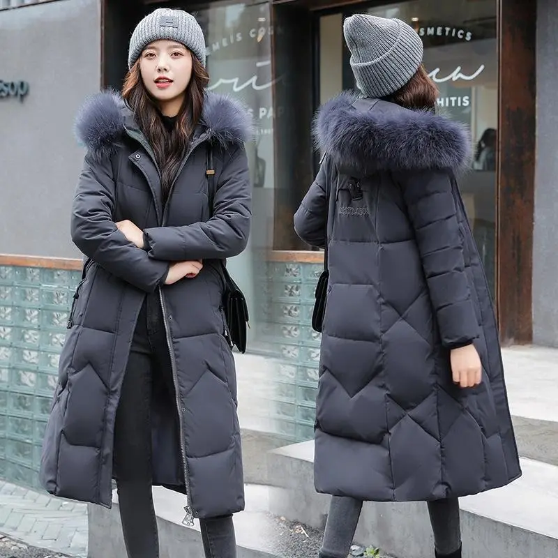 2025 new large size cotton-padded women's long Korean version of waist over knee cotton-padded jacket with large fur collar cotton-padded women's coat