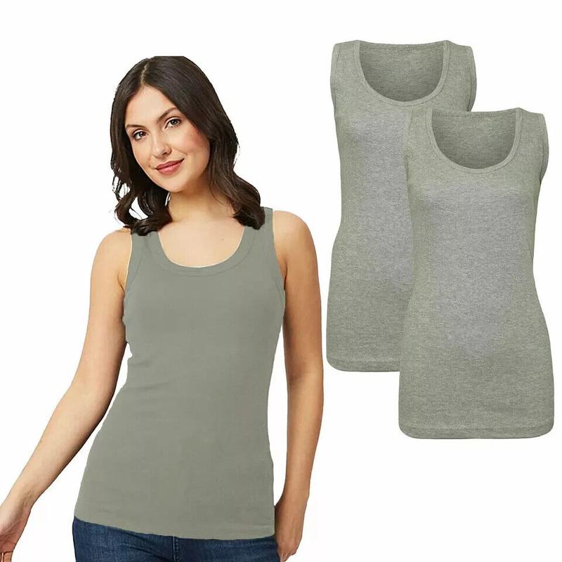 2 PACK LADIES VEST WOMENS COTTON STRETCHY RIBBED T SHIRT CAMI CASUAL TANK TOPS 4