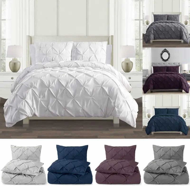 Microfiber Pintuck Pinch Pleat Duvet Cover Sets with Pillowcase Ultrasoft Brushed Easy Care Machine Washable Single Double King SuperKing Size White Bedding Set Grey Covers 0