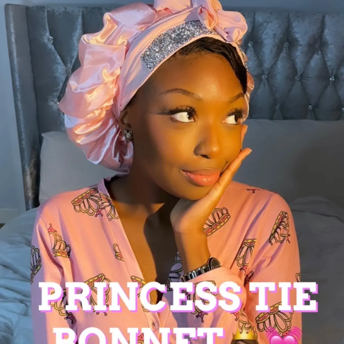 Princess Tie Hair Bonnet , Luxury Satin Lined, Adjustable Tie Bonnet for ALL Hair Types | Best Selling | Fast Shipping| Rhinestone Cap| Non Slip