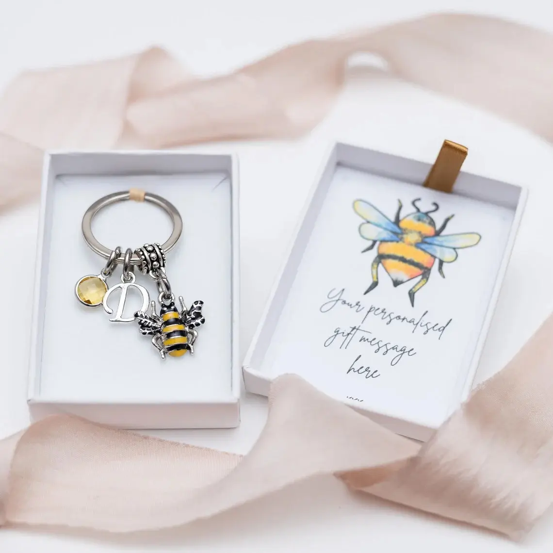 Bumble bee keyring, personalised gifts, queen bee bag charm, birthstone letter, yellow animal keychain, insect charm gift