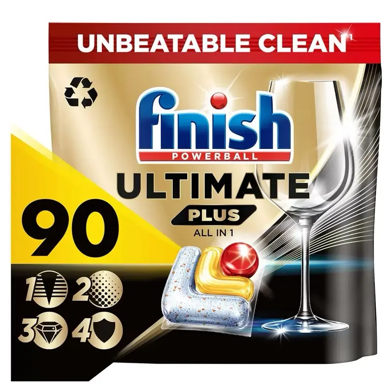 Finish 90 Tablets Ultimate Plus All in One Lemon Sparkle , 90 Pack CYCLESYNC, Diamond Shine, Tackles Burnt on Stains, Recyclable Packaging Dishwasher Capsules, Tablets Kitchen Detergent Cleaning Household