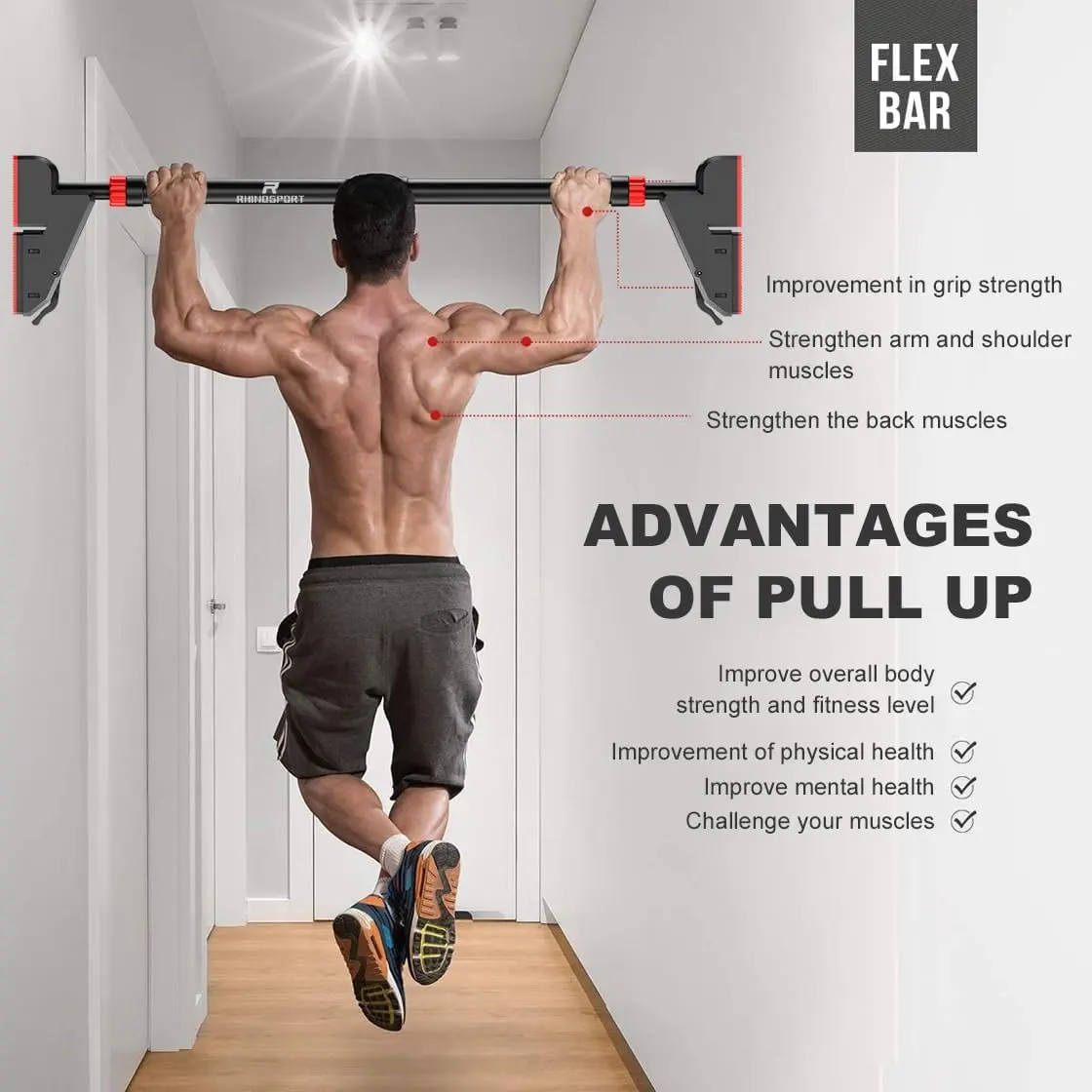 RHINOSPORT Door Pull Up Bar for Doorway Chin Up Bar from 76-95 cm (29.9in-37.4in) Workout Equipment Home Gym No Screws - Upgrade Max Load Bearing 881LBS