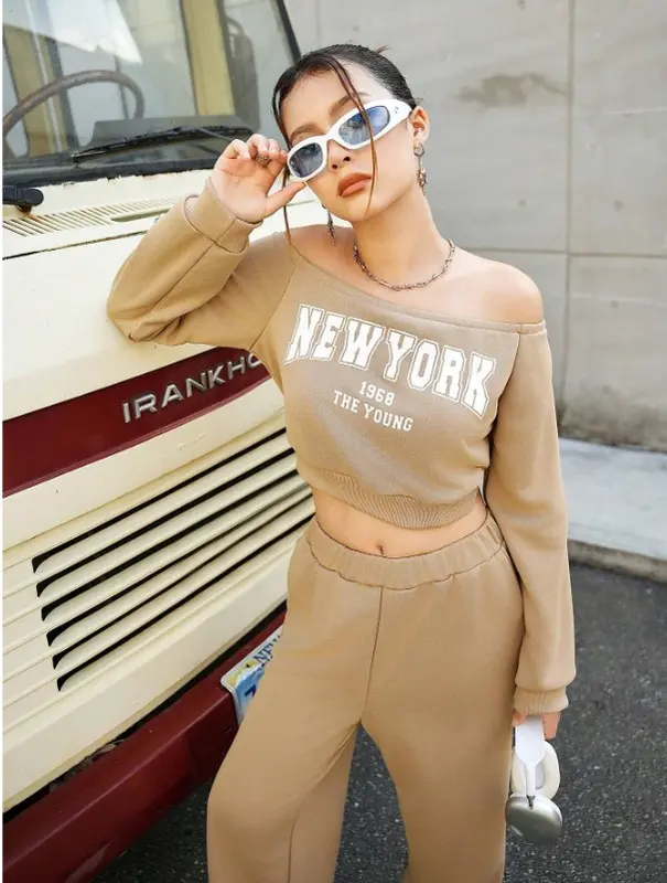 Kids 2pcs/Set Teenage Girls Casual Off-Shoulder Sweatshirt And Sweatpants Set 2