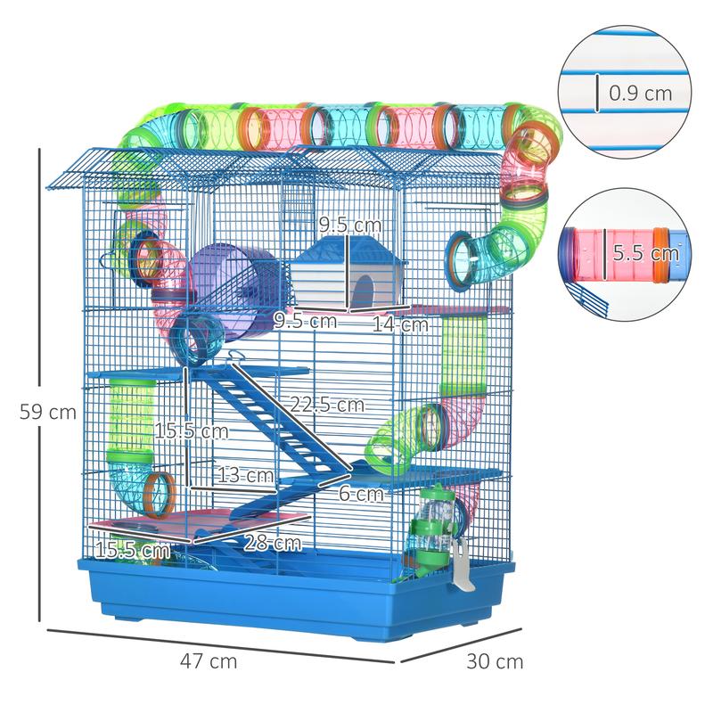 PawHut 5 Tier Hamster Cage Carrier Habitat with Exercise Wheels Tunnel Tube Water Bottle Dishes House Ladder for Dwarf Mice, Blue 2