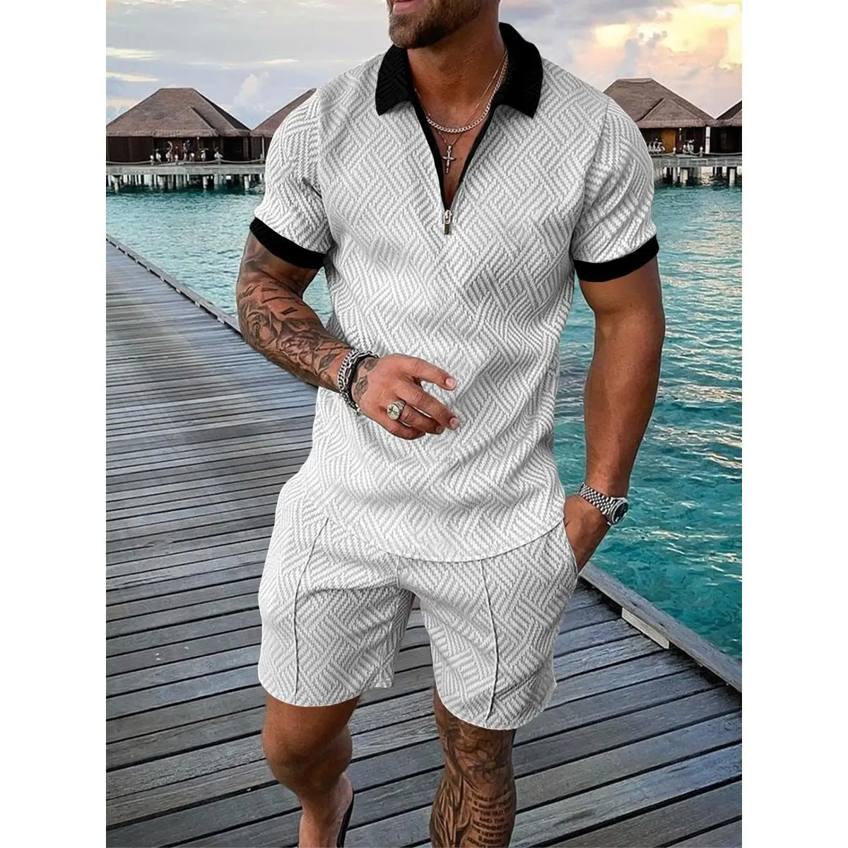 Summer Men's Sports Patchwork Pattern Short Sleeve Stylish Zipper Polo Shirt And Shorts Set Men's Casual Streetwear 2-pie