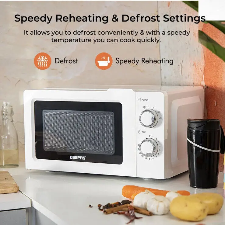Geepas Microwave 20L Solo Freestanding 5 Power Levels & Defrost Powerful White NEW 4