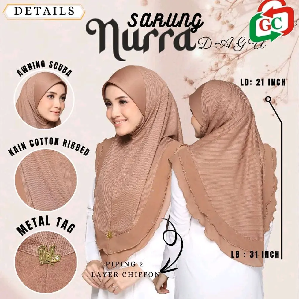 Nurra Dagu Cotton Ribbed Malaysian Hijab with Two Layer Chiffon piping and awning Scuba