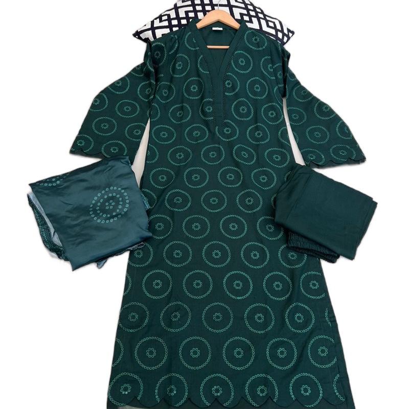 3 pc dhanak fabric Chickenkari long shirt suit with dupatta , organza detailing on daman and sleeves Womenswear 0