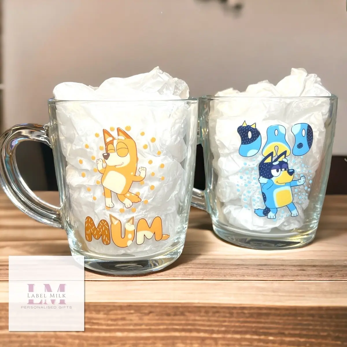 Bluey Glass Mug Sets, Bluey Mum, Bluey Dad Gifts, Glassware Drinkware Cup Tumblers