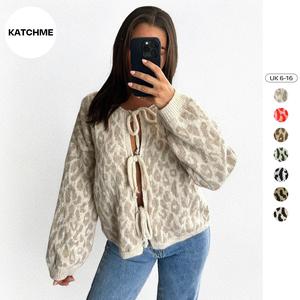 KatchMe Knit Trendy Tie-Up Leopard Print Long Sleeve Loose Lightweight Cardigan, Lady Casual Comfort Outfit, Cardigans for Women, Fall & Winter Cardigan