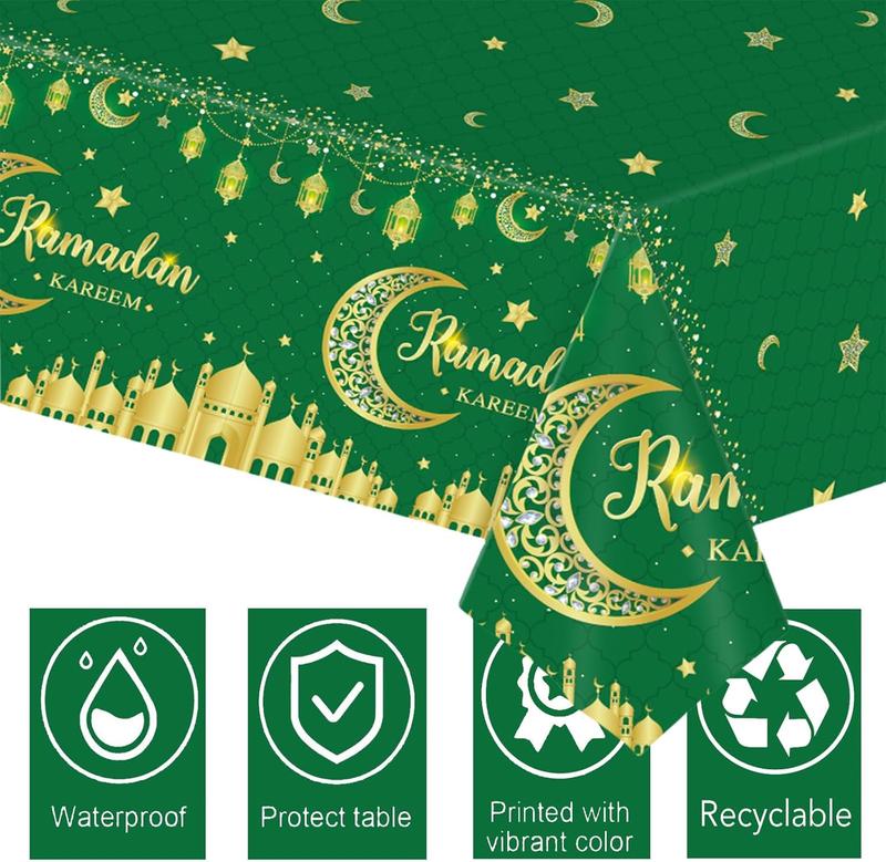 Green Gold Eid Mubarak Tablecloths 137*274cm Ramadan Mubarak Table Cover,2pcs Moon&Star Rectangular Plastic Disposable Tablecover for Ramadan Umrah Mubarak Islam Muslim Home Room Dinning Table Decor Set Gift Ornaments Decoration 2