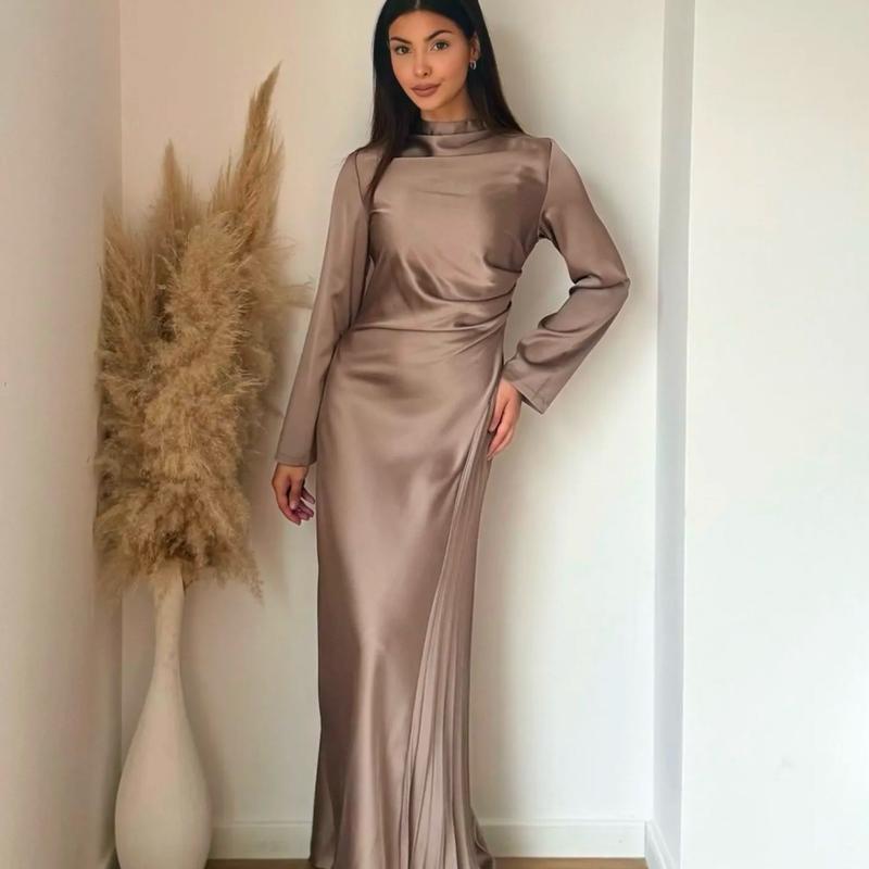 Women's Satin Dress with Pleated Design for Casual Wear - Womenswear Minimalist Maxi Comfort Long Sleeve party Christmas new years 2