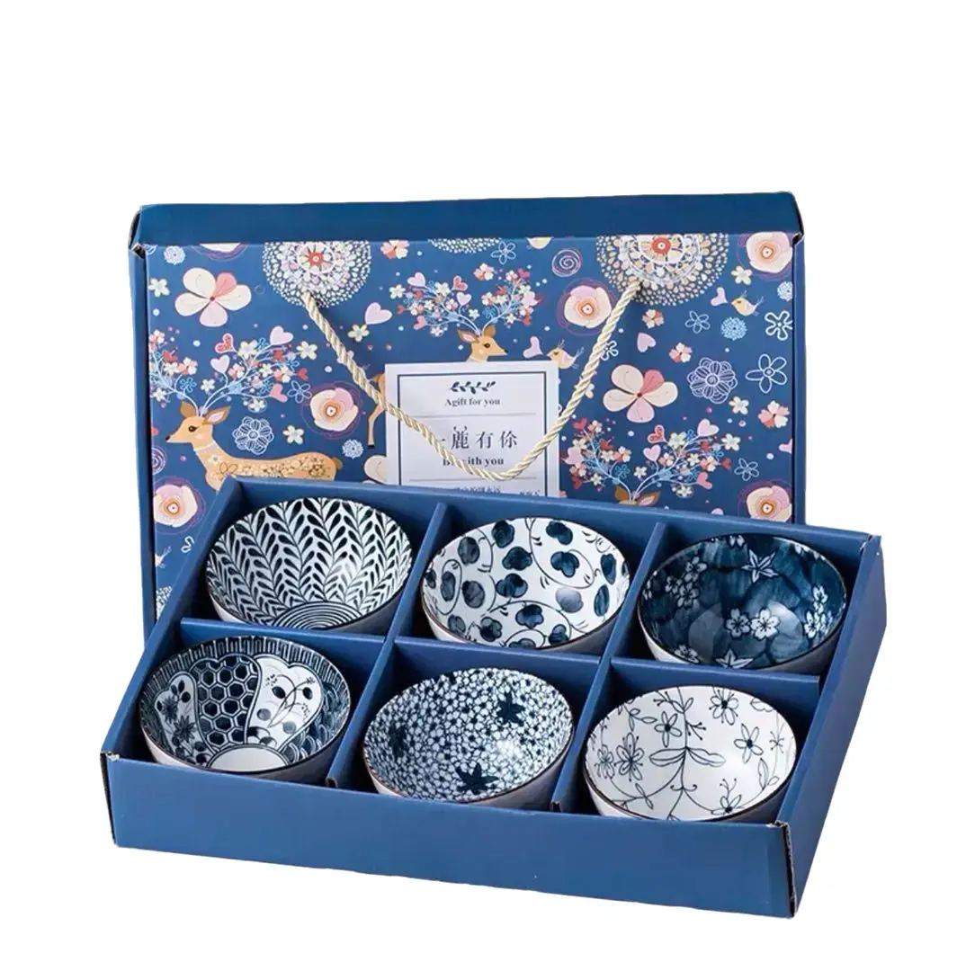 Set of 6 Blue Japanese Chinese Style Rice Bowl Gift Set Ceramic Tableware Classic