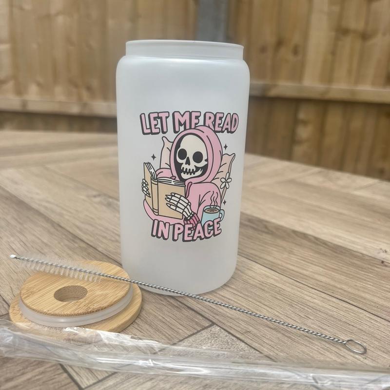 Let me read in peace. Glass frosted 16oz libbey can. Gothic pink skeleton design. Gift for book lover. 1