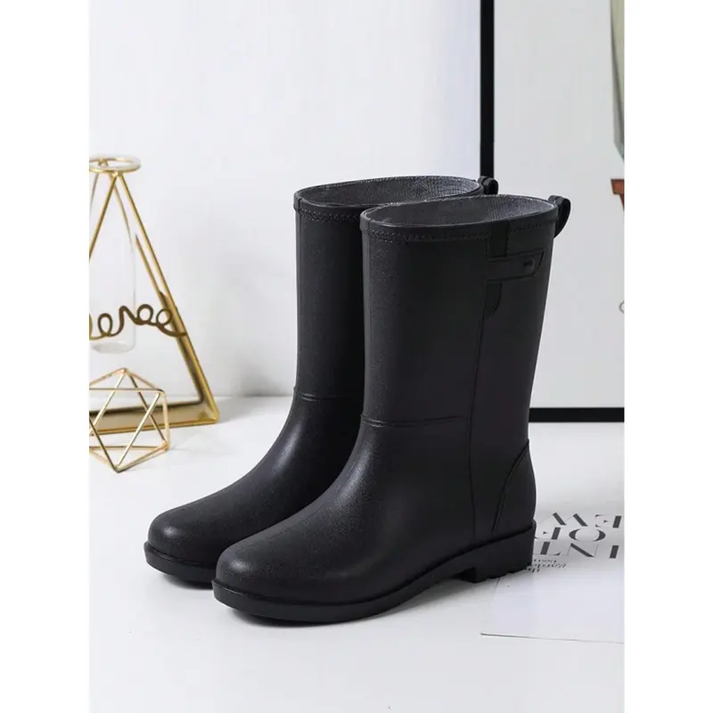 Women's Mid-Calf Rain Boots, Waterproof Rain Shoes With Thermal Lined, Anti-Slip Soft Bottom Half-Tube Water Boots Black 4