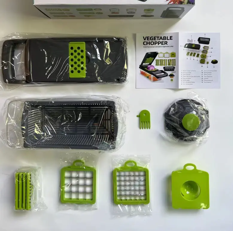 16 in 1 Vegetable Salad Fruit Mandolin Slicer Food Dicer Cutter Peeler set Kitchen utensils  Blade Stainless Steel BPA free Detachable Knives Lid vegetable slicer Silicone green veg table chopper 1