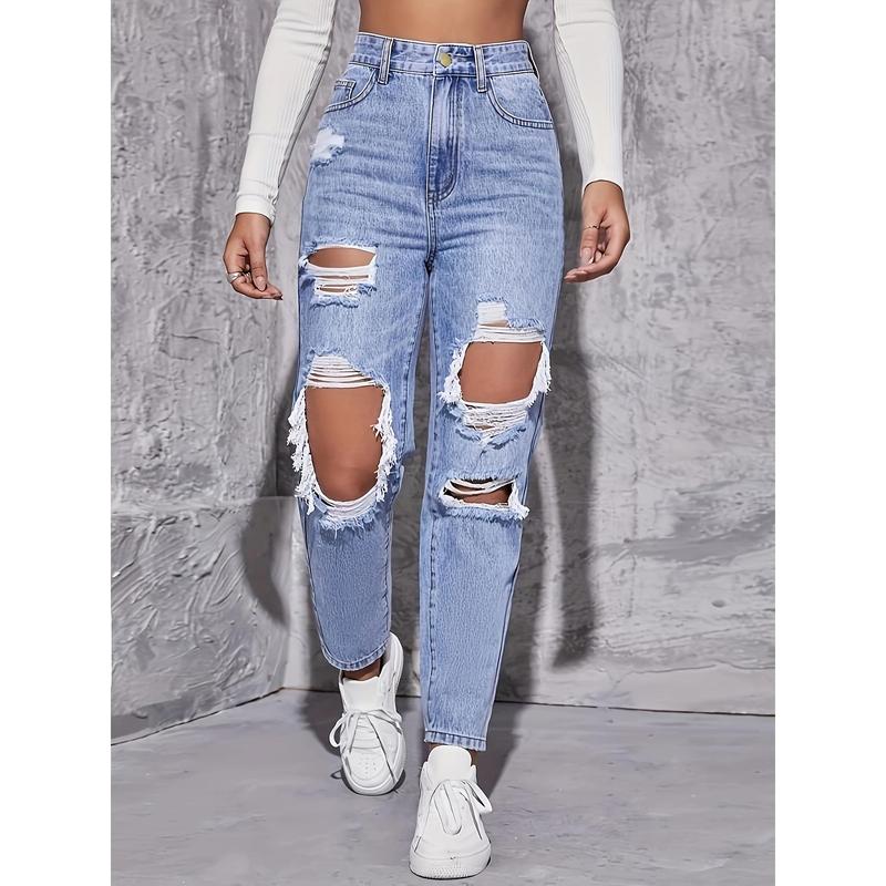 American Retro Hole-punched Jeans Women High Waist Straight-crotch Loose Slim Design High-street Vibe Wide-legged Dragging Pants 7