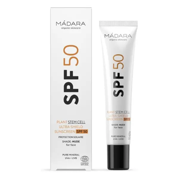 MÁDARA Organic Skincare | Plant Stem Cell Ultra-Shield Sunscreen SPF 50 – 40 ml, Tinted mineral sunscreen with zinc oxide, Natural UVA/UVB protection, Reef-friendly sunscreen Facial Cream